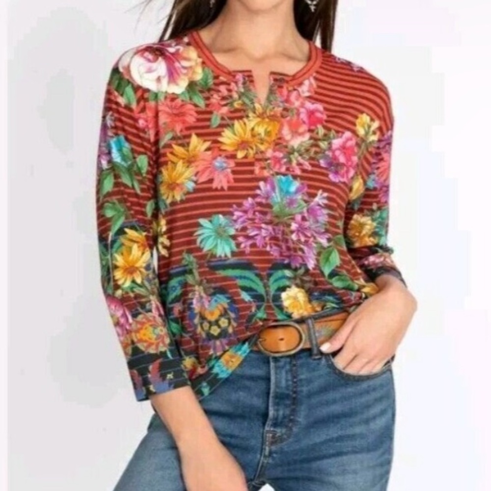 Johnny Was Rico Henley Tee 3/4 Sleeve Floral Stripes Size Medium